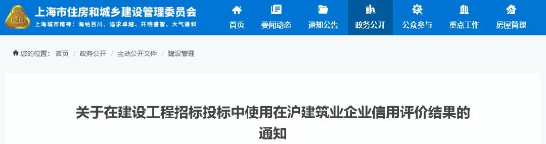 上海市住房和城鄉(xiāng)建設管理委員會關于在建設工程招標投標中使用在滬建筑業(yè)企業(yè)信用評價結果的通知